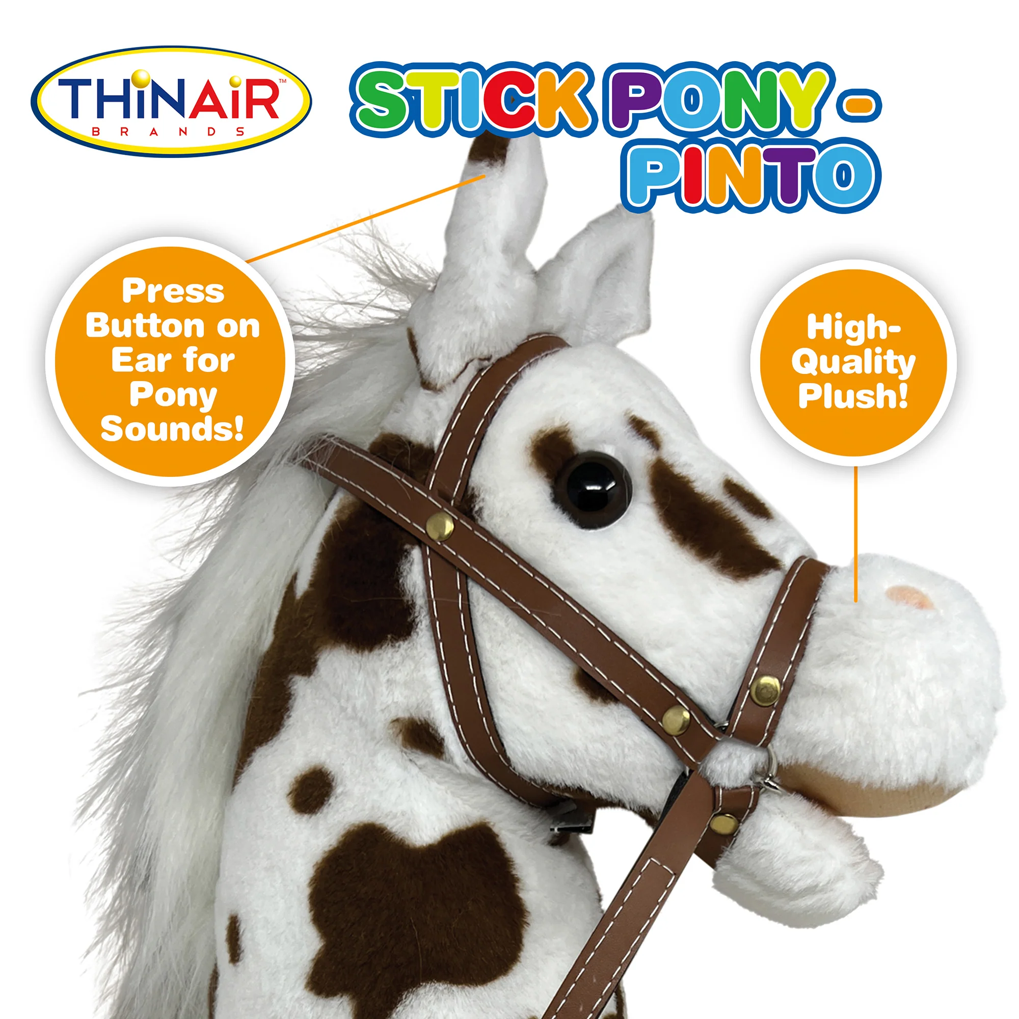 Playful Minds: Pinto Stick Pony - Ride-On Toy with Sounds, White & Brown - Image 2