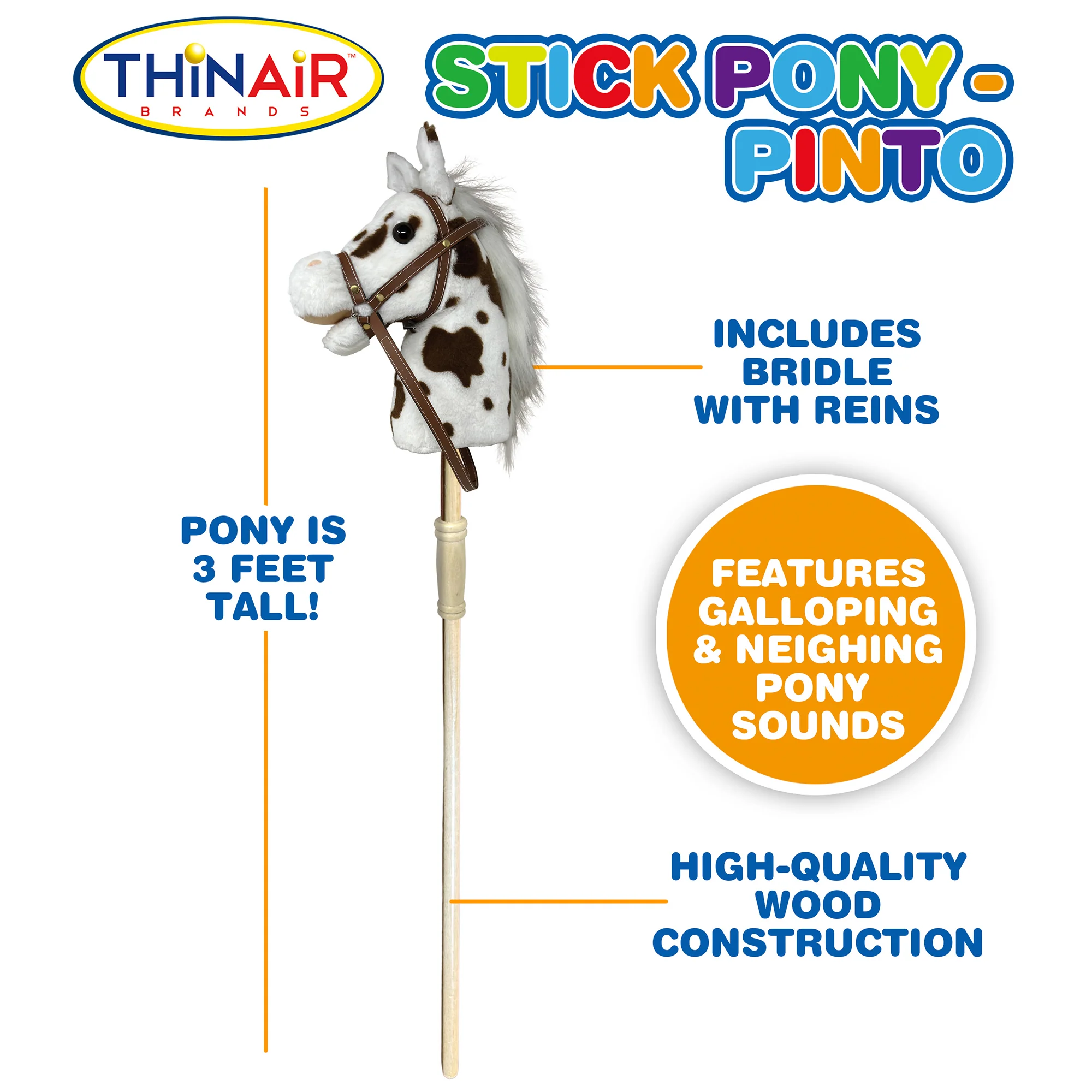 Playful Minds: Pinto Stick Pony - Ride-On Toy with Sounds, White & Brown - Image 3