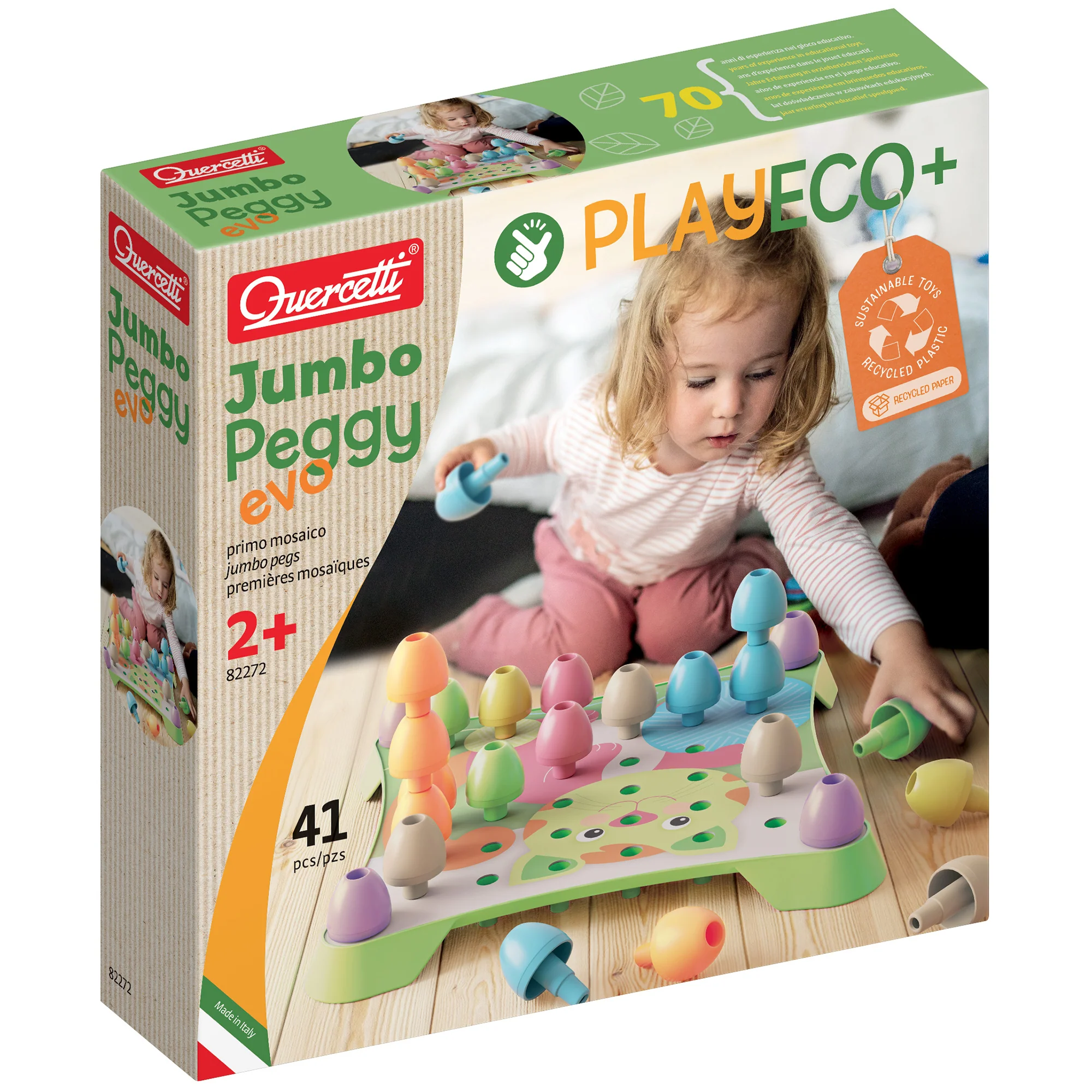 Quercetti PlayEco+ Jumbo Peggy Evo - Colorful Peg Stacking Toy for Toddlers