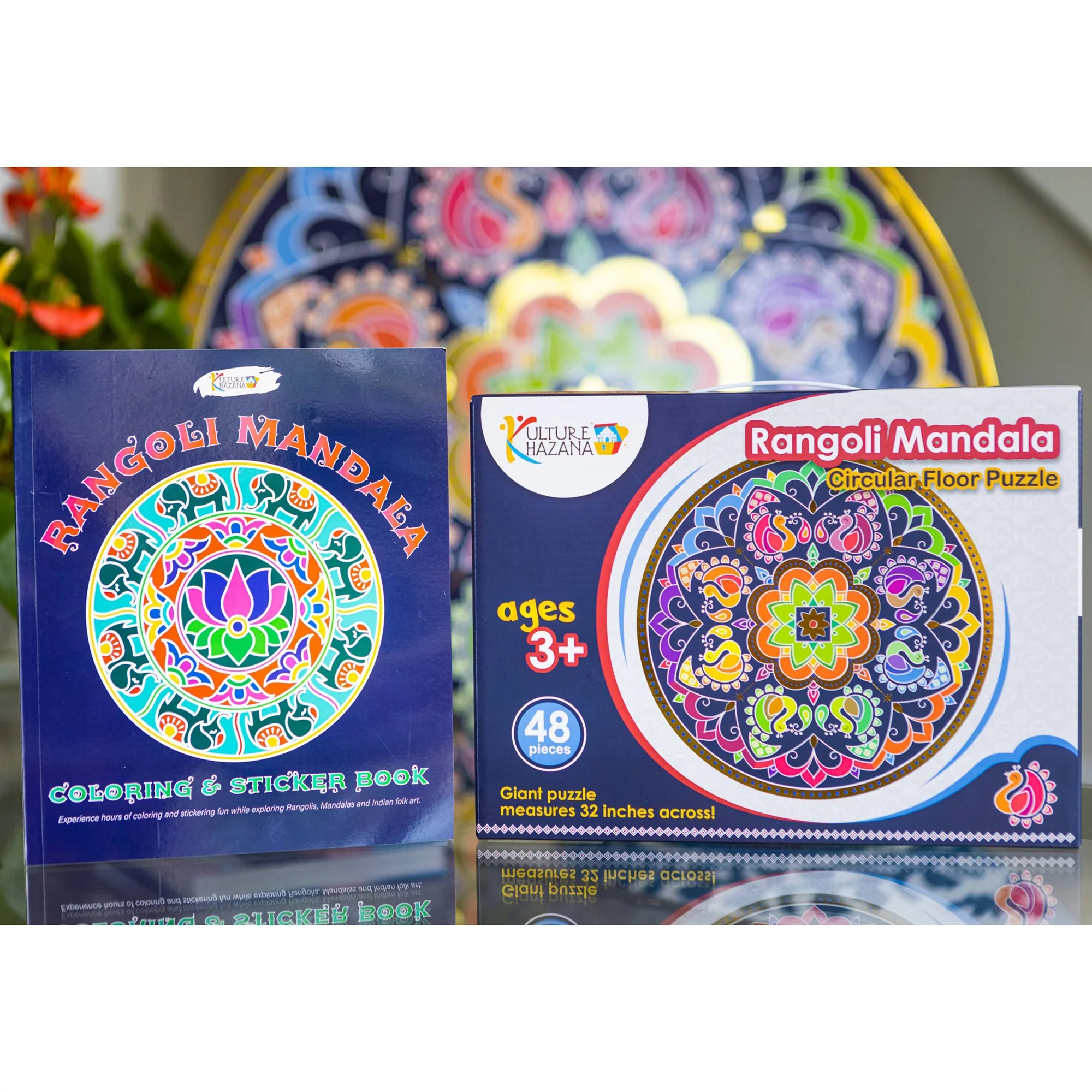 Kulture Khazana Rangoli Mandala 48-Piece Circular Floor Puzzle & Coloring Sticker Book Bundle - Image 5