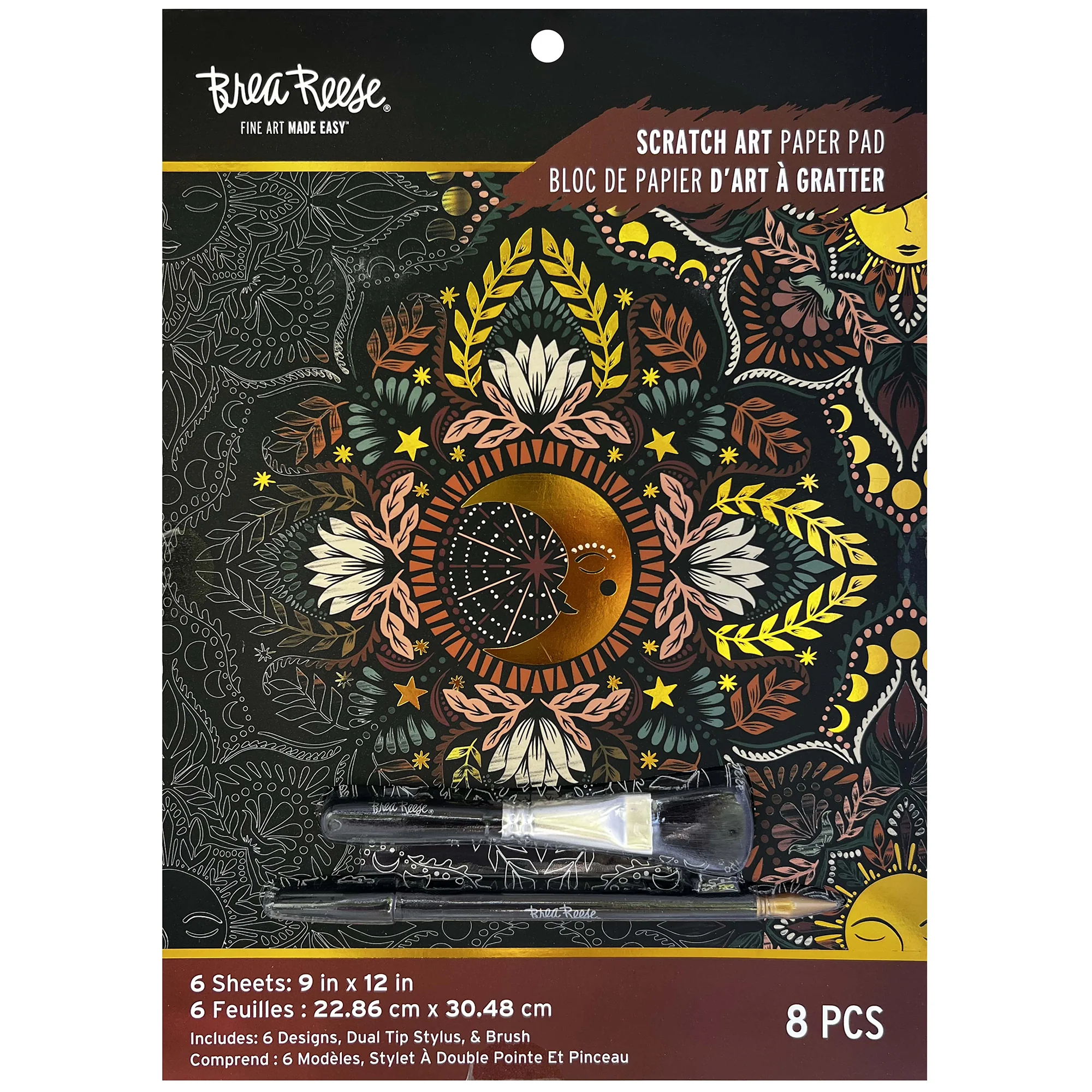 Brea Reese Scratch Art Paper Pad Moon & Sun 6 Designs With Stylus