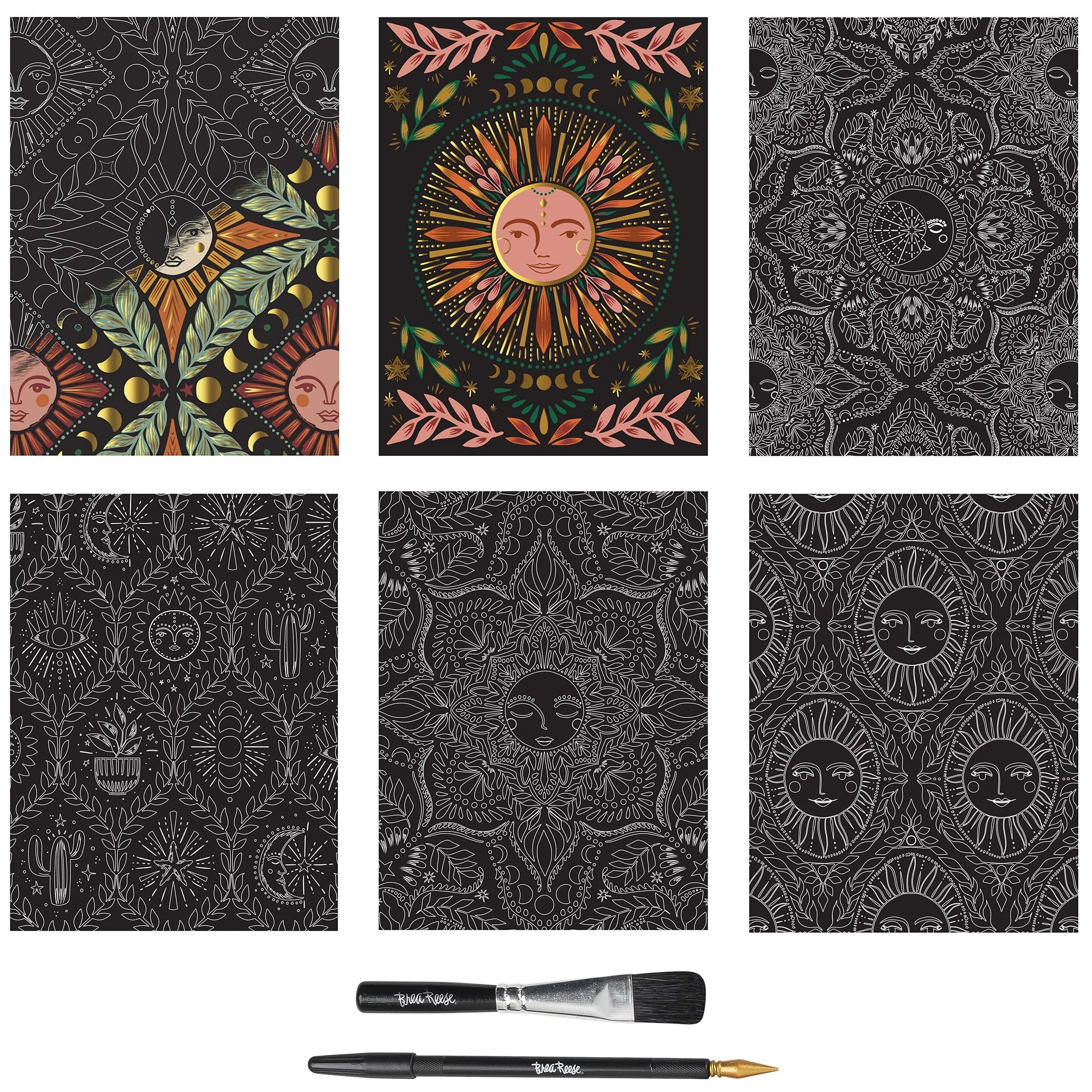 Brea Reese Scratch Art Paper Pad Moon & Sun 6 Designs With Stylus - Image 3
