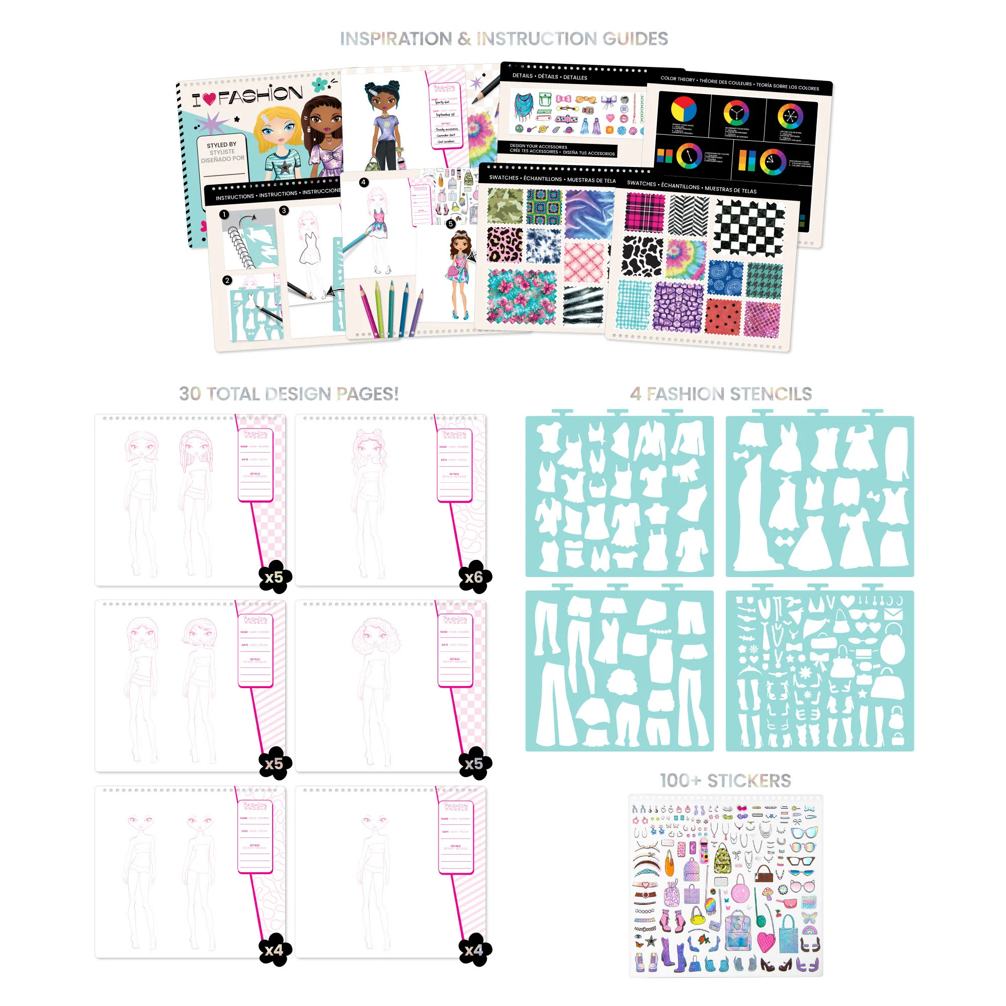 Creative Kids Fashionista Sketch Portfolio Set with Stencils, Stickers, and Markers - Image 2