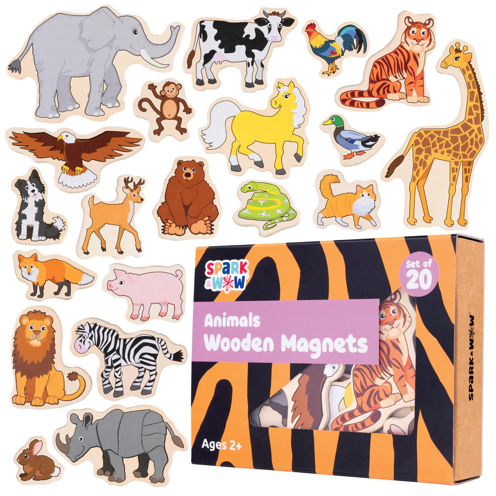 Spark & Wow Colorful Wooden Animal Magnets - Set of 20
