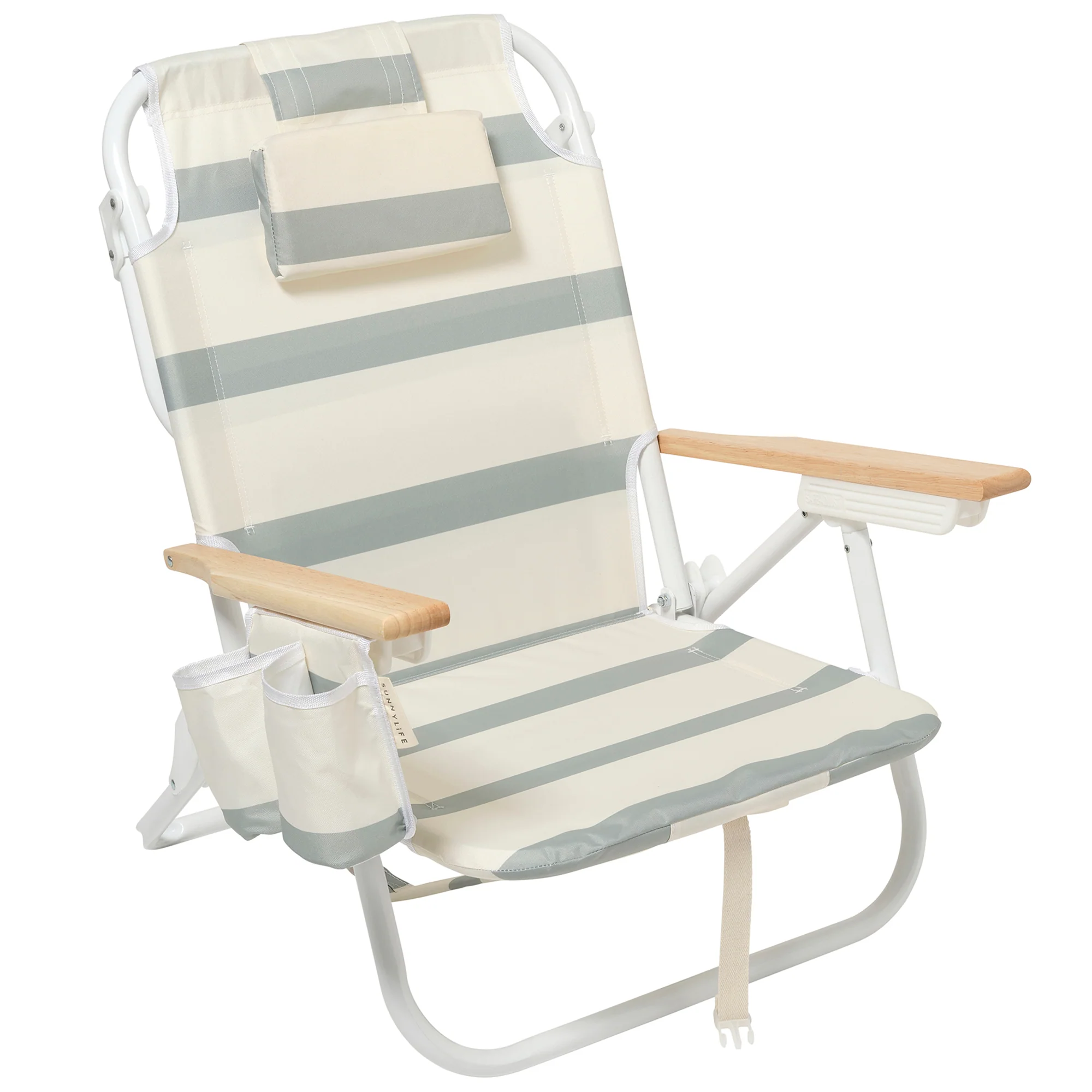 Sunnylife Deluxe Beach Chair - La Palma Sage Stripe with Cooler Bag and Drink Holder