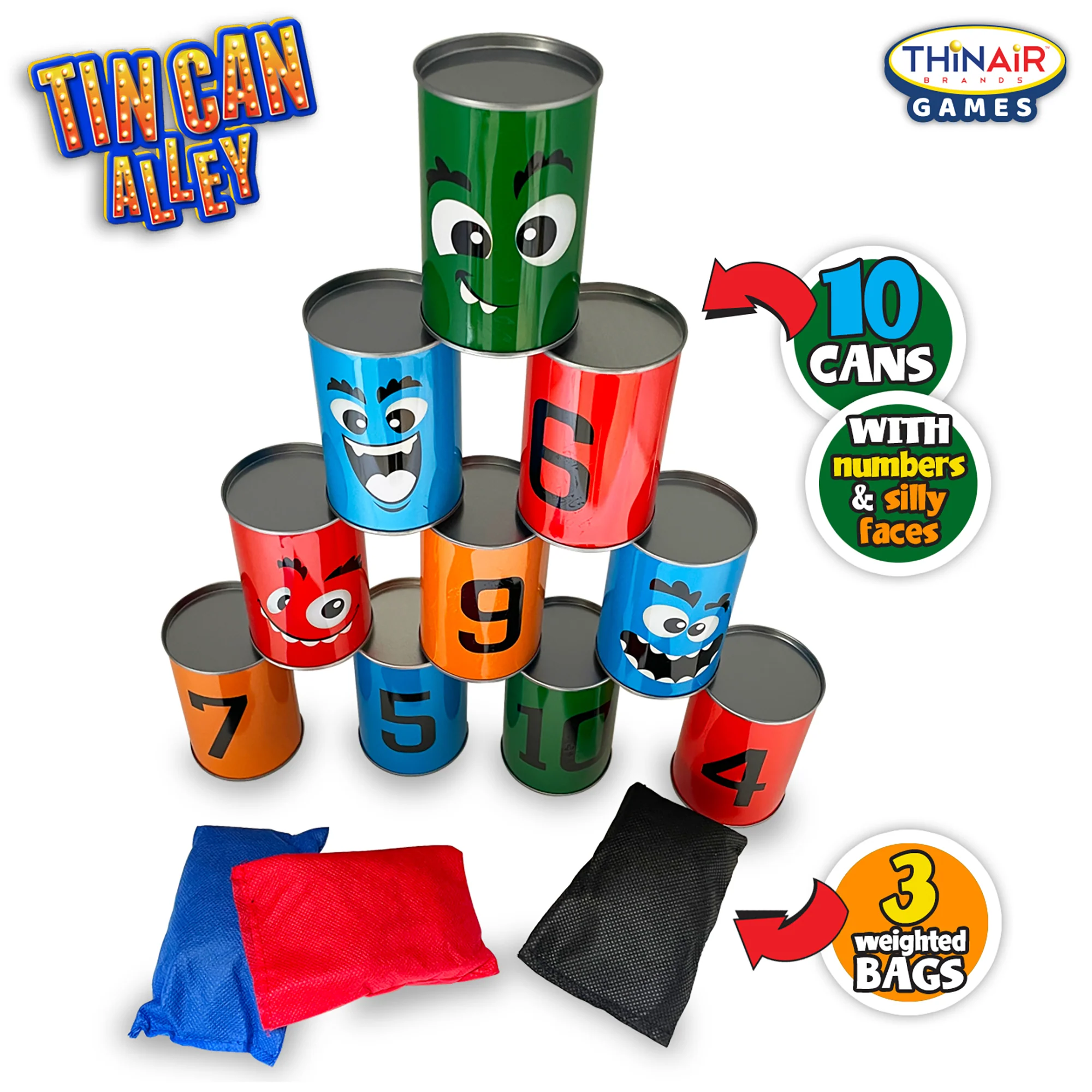 Thin Air Games Tin Can Alley Bean Bag Toss - Carnival Game Set with 10 Emoji Cans and 3 Bags - Image 2